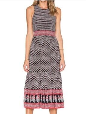 Ulla Johnson Oona Silk Sleeveless Midi Dress Dark Indian Floral Print Smocked